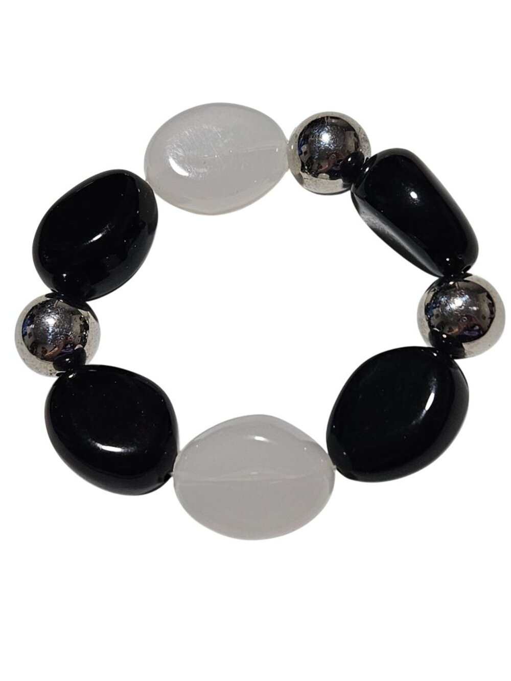 Retro Chunky Beaded Bracelet Black White Beads Silver Accents Fashion Jewelry